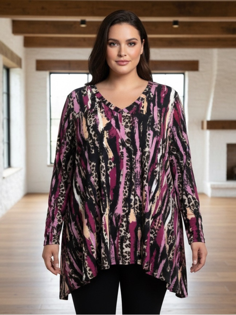 Dear Scarlett Soft & Flowy Long Sleeve Tunic Top in Eye Catching Abstract Print